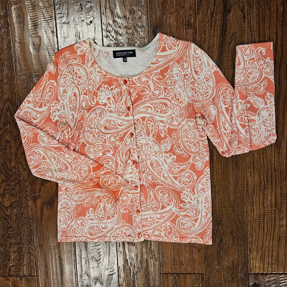 Jones New York Coral and Creamy White Paisley Cotton Sweater - Size PS